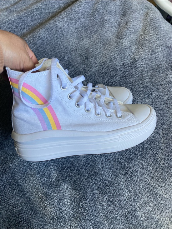 Converse Shoes - Converse White High-Top Kids Sneakers with Pastel Rainbow Stripe